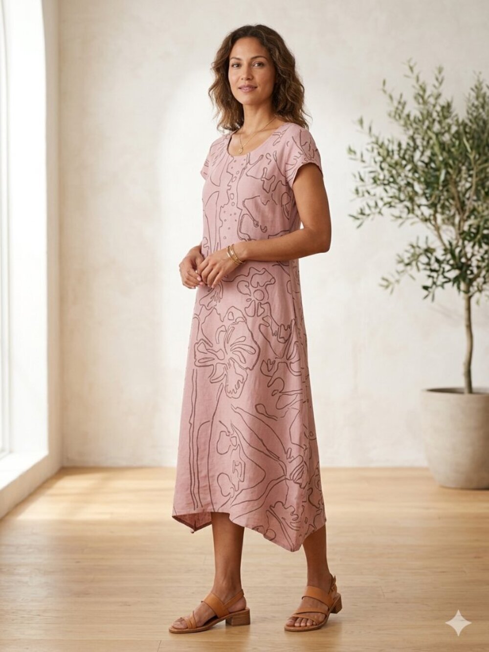 Grizas Women's S Pink Floral Sketch Print Short Sleeve Washed Linen Pockets Dres